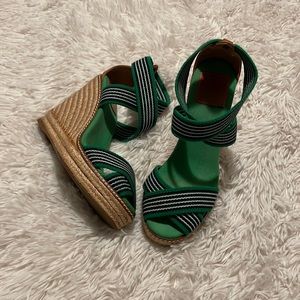 Tory Burch Green & Blue Stripe Platform Espadrilles Sandals